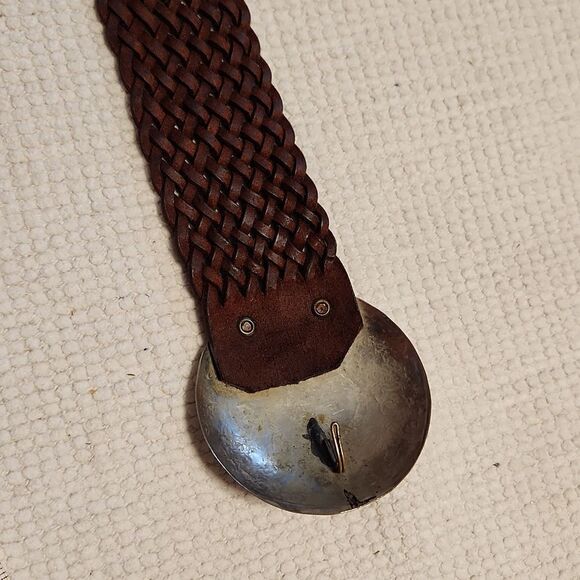 Anthropologie Motiv 56 brown leather braided belt with round engraved buckle main image 5
